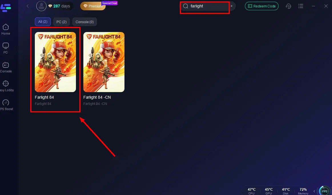 Search Farlight 84 in LagoFast