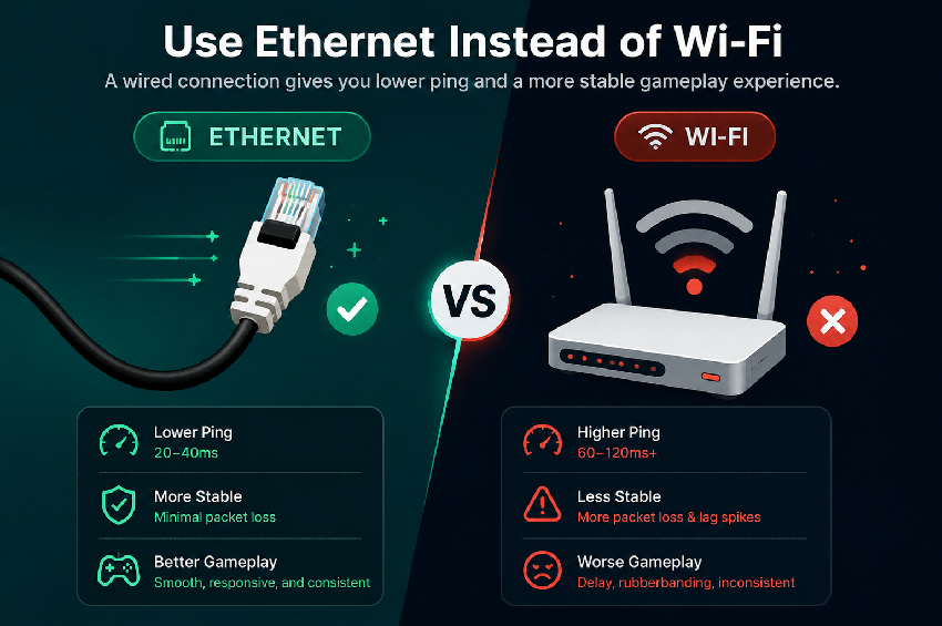 Use Ethernet Instead of Wi-Fi to reduce ping and get a good ping