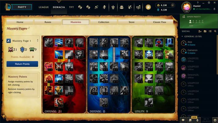 League Classic builds mastery page