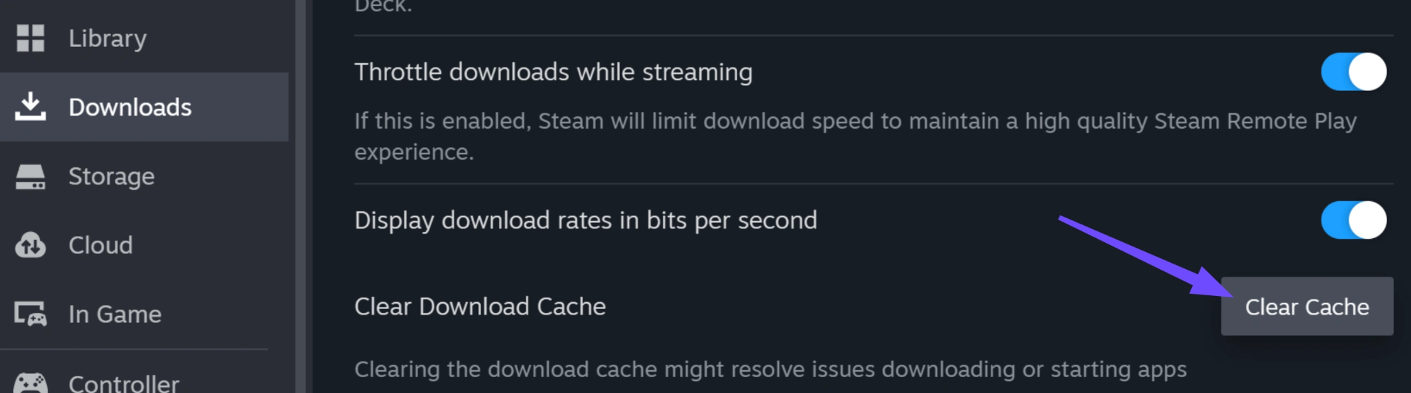 Найдите и нажмите опцию Clear Download Cache