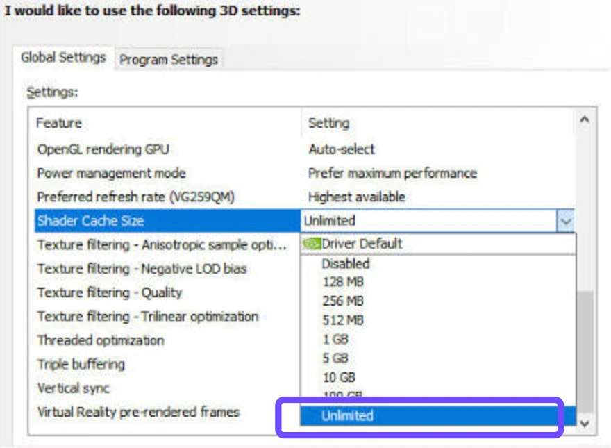 Найдите параметр Shader Cache Size и измените значение с Driver Default на 10 GB или Unlimited.
