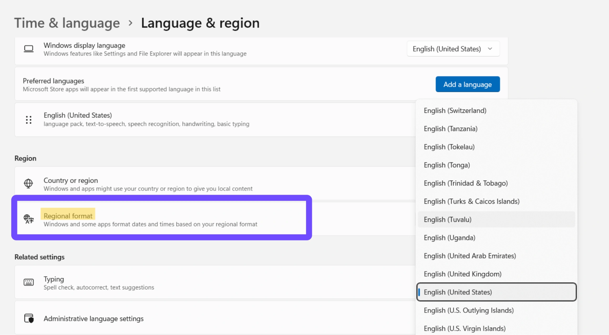 Установите в выпадающих списках Region и Regional Format значения United States и English (United States).