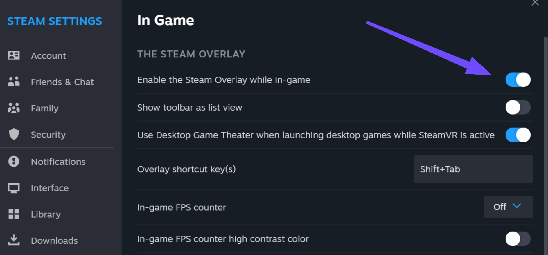 Перейдите в настройки Steam, откройте раздел In-Game и снимите флажок «Enable the Steam Overlay while in-game».