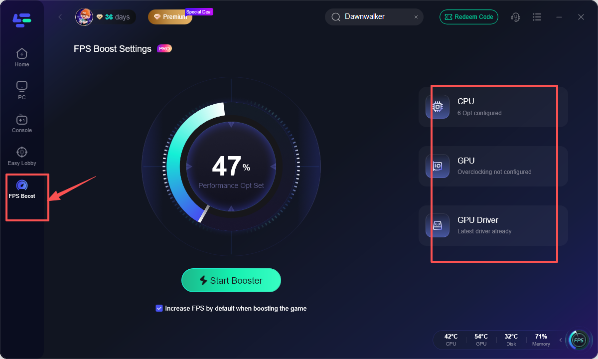 Open the FPS Boost panel. Review the recommended CPU, GPU, and background-process adjustments for your system.