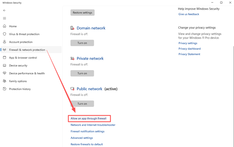 Click Allow an app through firewall.