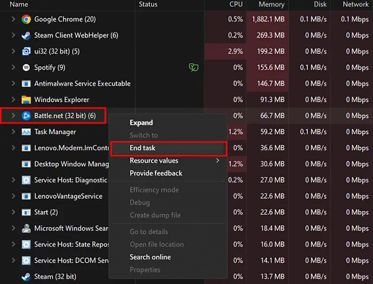 Look for Blizzard or Battle.net processes, including Agent.exe.